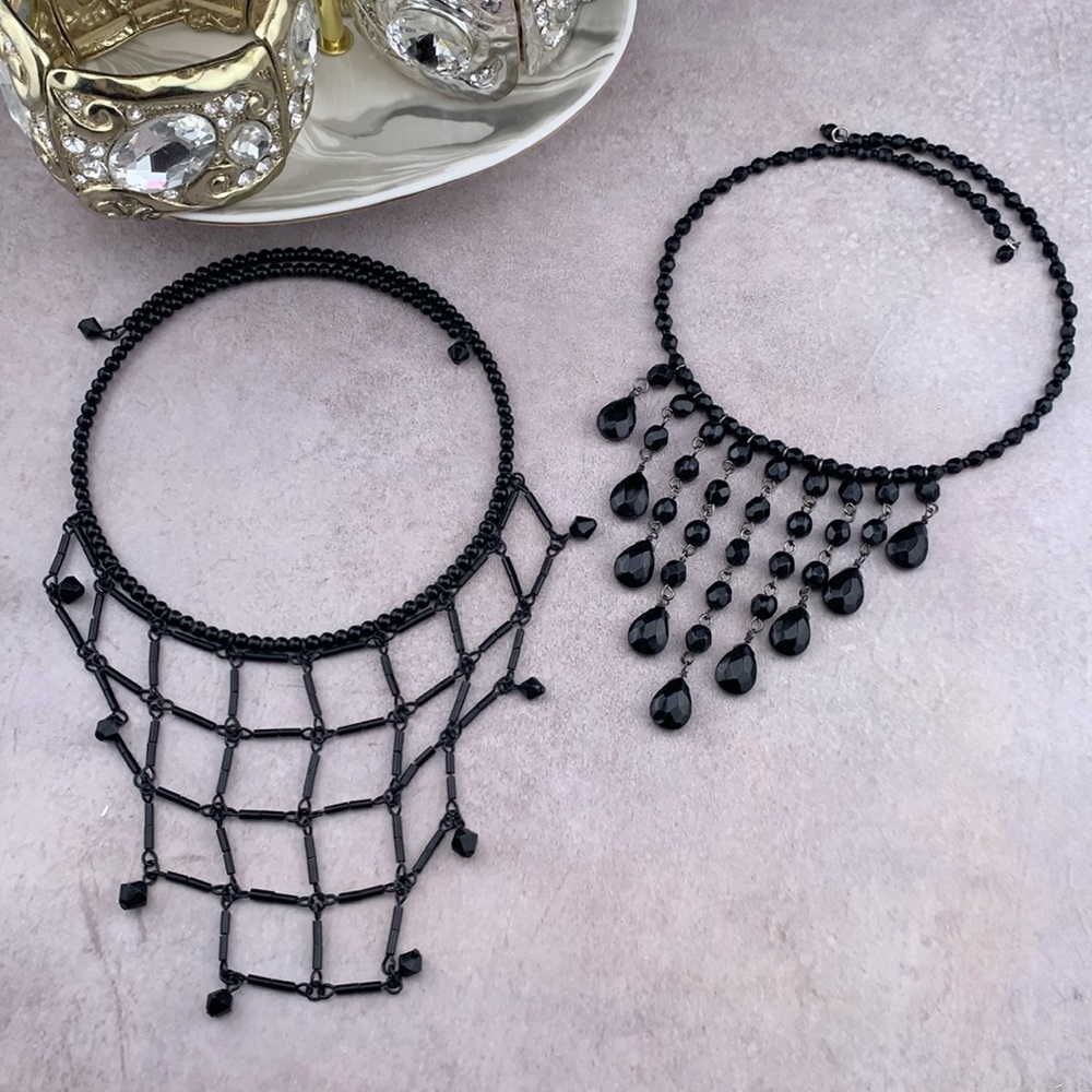 Black Beaded Snake Coil Wrap Choker Bib Necklaces - Lot of 2